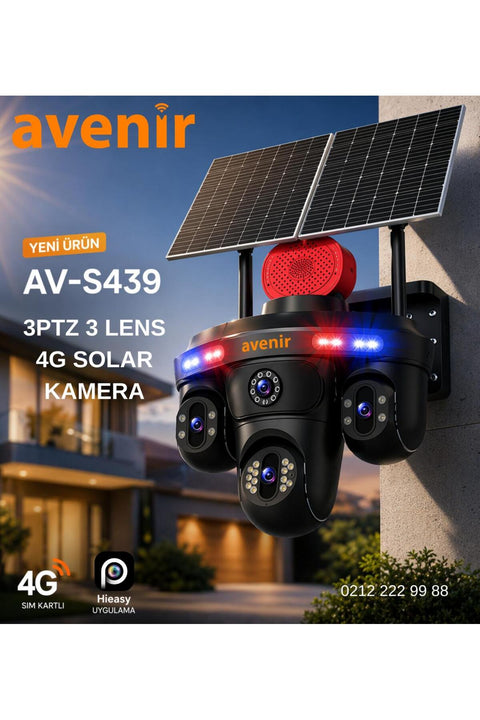 Avenir Solar Güvenlik Kamerası (Tek Panel, 3 Lensli)