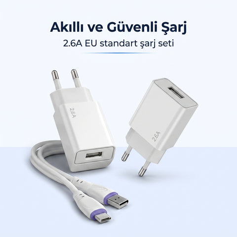 2.6A USB Sarj Adaptoru + Type-C Sarj Kablosu (EU)