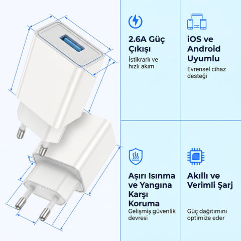 2.6A USB Sarj Adaptoru + Micro USB Sarj Kablosu (EU)