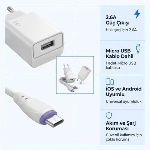 2.6A USB Sarj Adaptoru + Type-C Sarj Kablosu (EU)