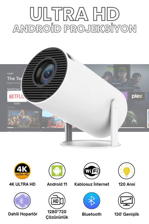 HY300 Mini Projeksiyon 4K Destekli – Android WiFi Bluetooth