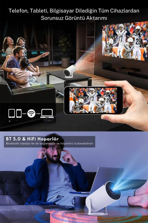 HY300 Mini Projeksiyon 4K Destekli – Android WiFi Bluetooth