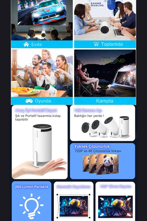 HY300 Mini Projeksiyon 4K Destekli – Android WiFi Bluetooth