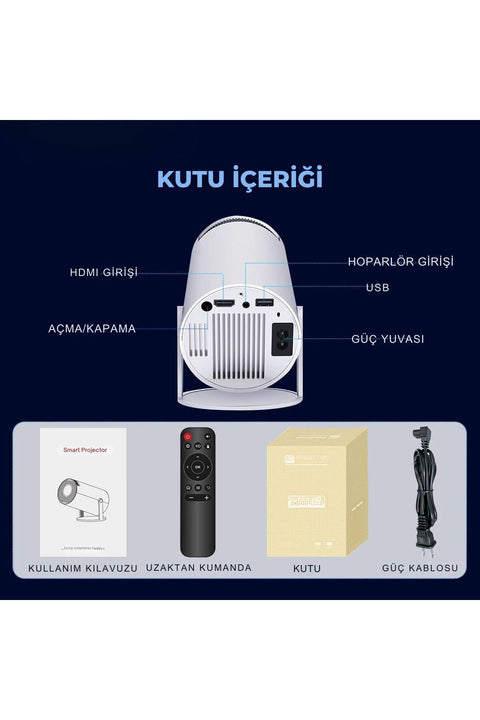 HY300 Mini Projeksiyon 4K Destekli – Android WiFi Bluetooth