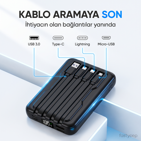 10.000 Mah Kablosuz Hızlı Şarjlı MagSafe Powerbank LED Ekranlı Dahili Kablolu Powerbank Çoklu Giriş