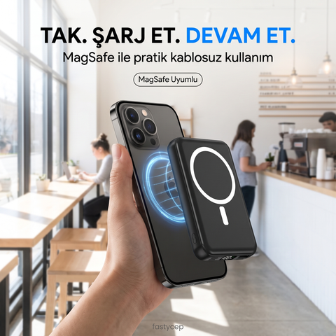 10.000 Mah Kablosuz Hızlı Şarjlı MagSafe Powerbank LED Ekranlı Dahili Kablolu Powerbank Çoklu Giriş