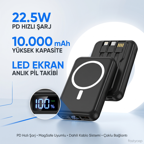 10.000 Mah Kablosuz Hızlı Şarjlı MagSafe Powerbank LED Ekranlı Dahili Kablolu Powerbank Çoklu Giriş