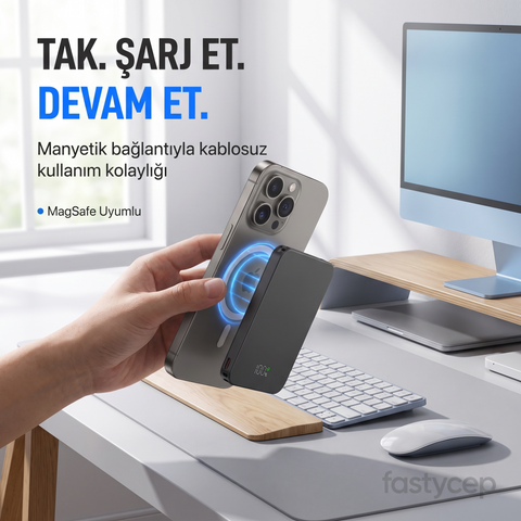 SNP-3020 MagSafe Powerbank 5000mAh Slim 22.5W Hızlı Şarj Led Ekran İnce Powerbank Şarj Cihazı