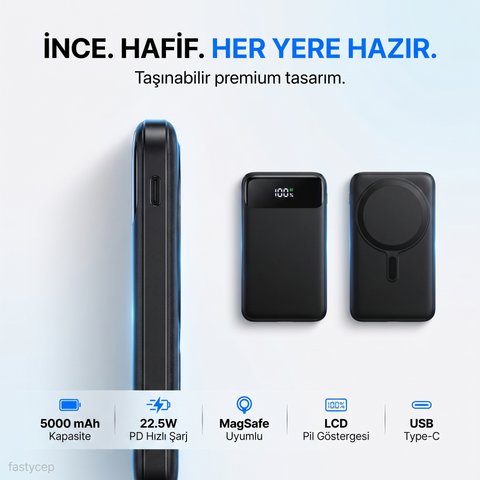 SNP-3020 MagSafe Powerbank 5000mAh Slim 22.5W Hızlı Şarj Led Ekran İnce Powerbank Şarj Cihazı