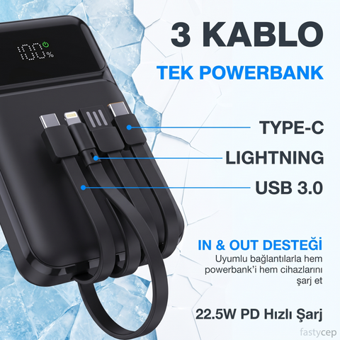 SNP-3006 10.000 Mah Hızlı Şarj LED Göstergeli Powerbank 3in1 Dahili Kablolu Powerbank Çoklu Giriş