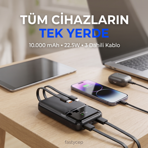 SNP-3006 10.000 Mah Hızlı Şarj LED Göstergeli Powerbank 3in1 Dahili Kablolu Powerbank Çoklu Giriş