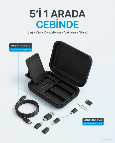 Alfalink 5in1 Süper Şarj 60W Çoklu USB Adaptör Kablo Seyahat Seti