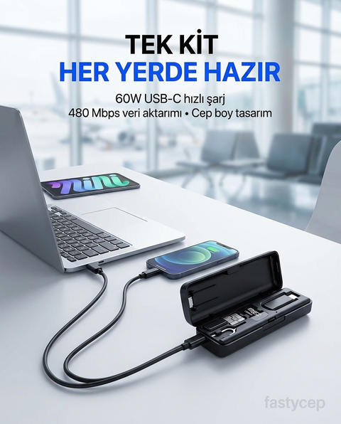 Alfalink 5in1 Süper Şarj 60W Çoklu USB Adaptör Kablo Seyahat Seti