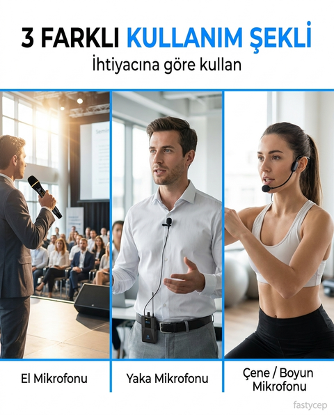 UHF Kablosuz Mikrofon Seti El Yaka ve Boyun Mikrofonlu 6.5mm Alıcılı 3.5mm Çeviricili Profesyonel
