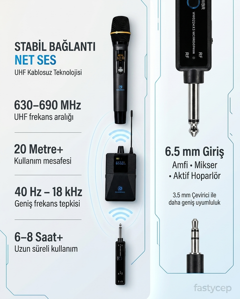 UHF Kablosuz Mikrofon Seti El Yaka ve Boyun Mikrofonlu 6.5mm Alıcılı 3.5mm Çeviricili Profesyonel