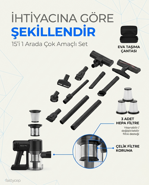 Vacuum Plus SNV-3002 15in1 Profesyonel 12.000PA Emiş Güçlü Üflemeli Şarjlı Mini Araç Süpürgesi