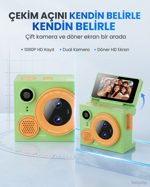 Çeşithane G13Pro Mini Retro Kamera HD, Çift Lensli Döndürülebilir Selfie Ekranlı, Taşınabilir Başparmak Vlog Kamerası (Yeşil)