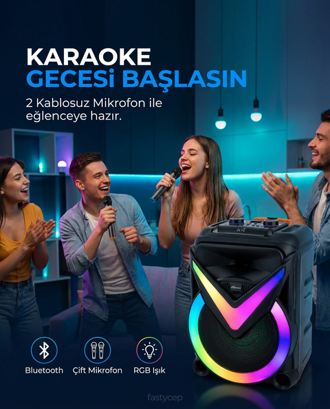 BK-188 18 İnç Bluetooth Party Hoparlör | Çift Kablosuz Mikrofonlu RGB Işıklı Etkinlik ve Karaoke Ses Sistemi