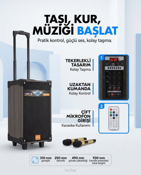Lt-910 Şarjlı Kumandalı Çift Mikrofonlu Hoparlör Karaoke Sistemi 80 Watt Taşınabilir Amfi Hoparlör