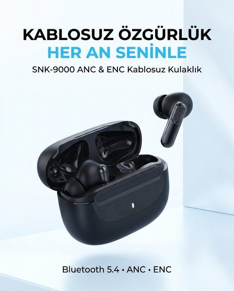 Snk-9000 Siyah ANC & ENC Kablosuz Bluetooth Kulaklık 5.4 Kulak İçi Kulaklık