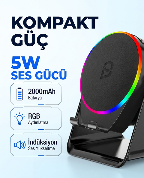 S10 5W Bluetooth + Temasıyla Ses Yükselten İndüksiyon Hoparlör 2000 Mah RGB Işıklı Standlı 5in Speaker