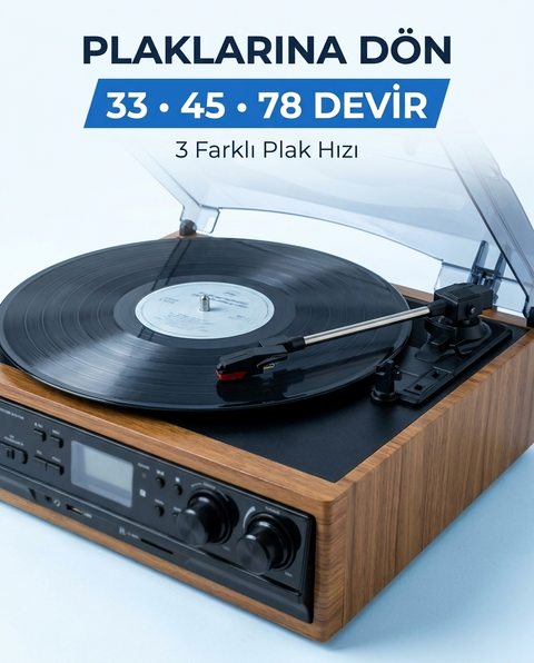 Kn-27 Bluetoothlu Kumandalı Hoparlörlü Pikap Radyo Kaset Usb Mp3 33-45-78 Plaklar Çalar