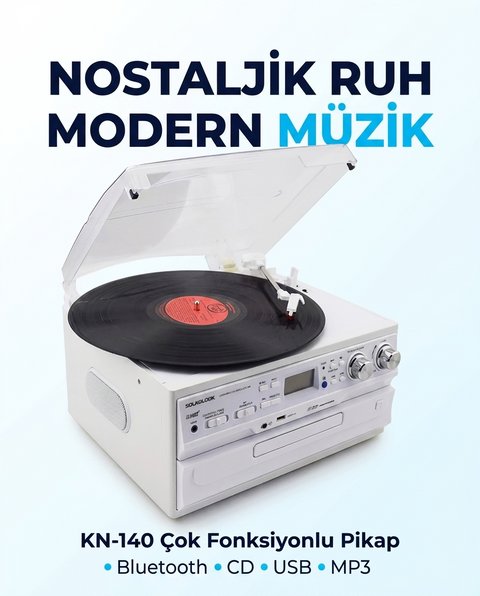 KN-140 Bluetooth CD USB BT MP3 Radyo Müzik Seti Retro Speaker Hoparlör 33-45-78 Plak Pikap Çalar