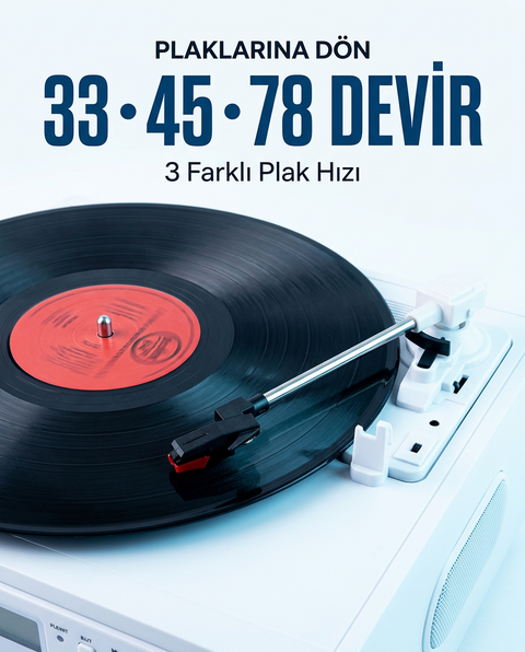 KN-140 Bluetooth CD USB BT MP3 Radyo Müzik Seti Retro Speaker Hoparlör 33-45-78 Plak Pikap Çalar