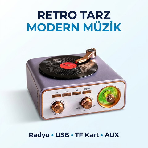 Nostaljik Radyo Gramofon Tasarımlı Bluetooth Hoparlör Retro Radyo FM/AM/SW USB TF Kart Ses Bombası