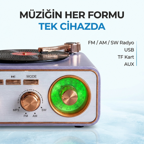Nostaljik Radyo Gramofon Tasarımlı Bluetooth Hoparlör Retro Radyo FM/AM/SW USB TF Kart Ses Bombası