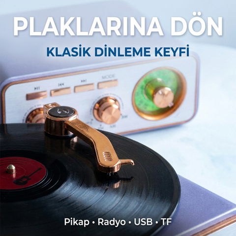 Nostaljik Radyo Gramofon Tasarımlı Bluetooth Hoparlör Retro Radyo FM/AM/SW USB TF Kart Ses Bombası