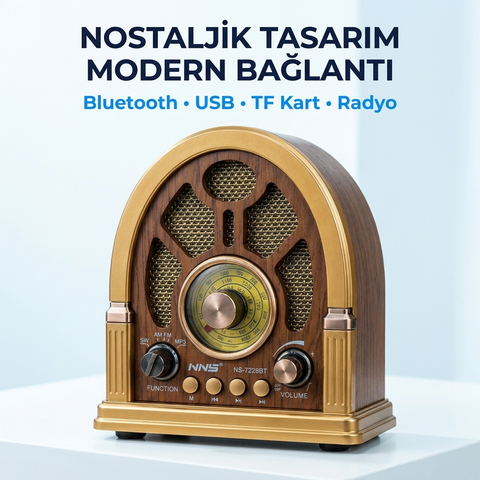 NNS NS-7228BT Nostaljik Bluetooth Radyo | FM AM SW USB TF Kart Destekli Şarjlı Retro Hoparlör Ahşap Tasarımlı Premium Müzik Sistemi |