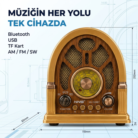 NNS NS-7228BT Nostaljik Bluetooth Radyo | FM AM SW USB TF Kart Destekli Şarjlı Retro Hoparlör Ahşap Tasarımlı Premium Müzik Sistemi |