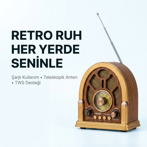 NNS NS-7228BT Nostaljik Bluetooth Radyo | FM AM SW USB TF Kart Destekli Şarjlı Retro Hoparlör Ahşap Tasarımlı Premium Müzik Sistemi |