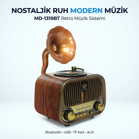 MD-1319BT Nostaljik Gramofon Tasarımlı Retro Bluetooth Hoparlör | FM Radyo | USB AUX MP3 | 1200 mAh