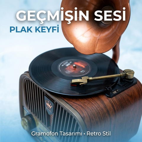 MD-1319BT Nostaljik Gramofon Tasarımlı Retro Bluetooth Hoparlör | FM Radyo | USB AUX MP3 | 1200 mAh