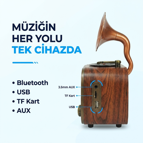 MD-1319BT Nostaljik Gramofon Tasarımlı Retro Bluetooth Hoparlör | FM Radyo | USB AUX MP3 | 1200 mAh