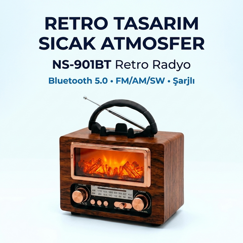 NS-901BT Şömine Görünümlü Nostaljik Retro Radyo - Bluetooth & USB Destekli