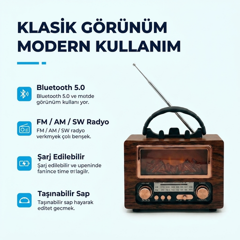 NS-901BT Şömine Görünümlü Nostaljik Retro Radyo - Bluetooth & USB Destekli