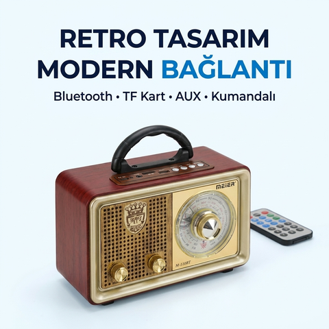 Meier M-110BT Nostaljik Radyo Bluetooth Hoparlör Şarjlı FM/AM/SW Retro Müzik Kutusu