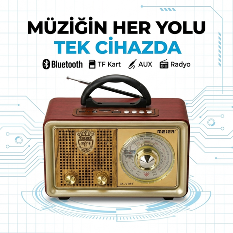 Meier M-110BT Nostaljik Radyo Bluetooth Hoparlör Şarjlı FM/AM/SW Retro Müzik Kutusu