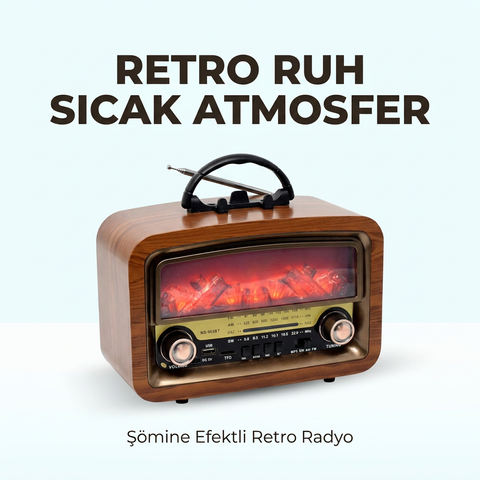 Nostajik Şömine Efektli Ahşap Şarjlı 3 Dalga Radyo Telefon Tutucu,Bluetooth,TF Kart-903