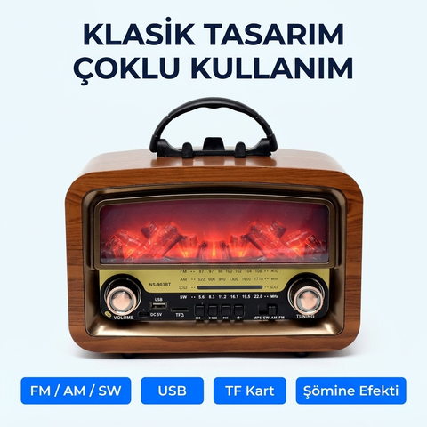 Nostajik Şömine Efektli Ahşap Şarjlı 3 Dalga Radyo Telefon Tutucu,Bluetooth,TF Kart-903