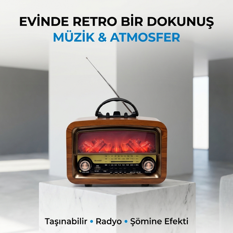 Nostajik Şömine Efektli Ahşap Şarjlı 3 Dalga Radyo Telefon Tutucu,Bluetooth,TF Kart-903