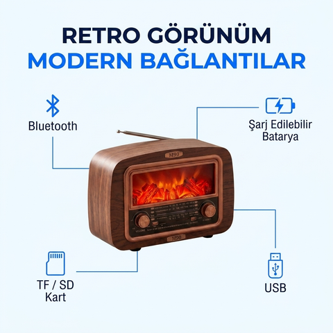 NNS NS-904BT Şömine Efektli Nostaljik Bluetooth Masa Radyosu USB TF Kart Destekli Şarjlı FM AM SW Retro Dekoratif Hoparlör