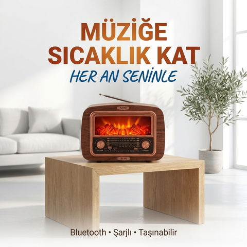 NNS NS-904BT Şömine Efektli Nostaljik Bluetooth Masa Radyosu USB TF Kart Destekli Şarjlı FM AM SW Retro Dekoratif Hoparlör
