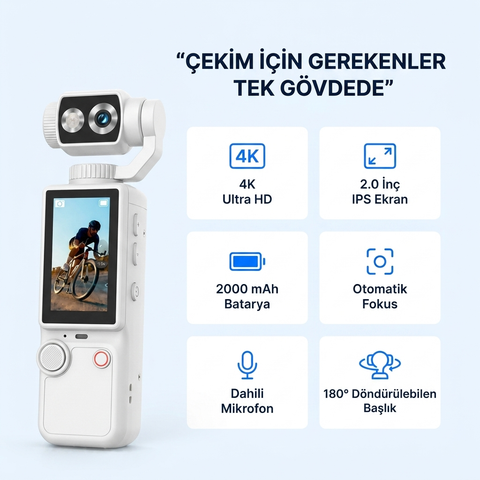4K Ultra HD Mini Aksiyon Kamerası 2.0 inç Ekranlı Mikrofon Destekli Oto Fokus Özellikli 180° Döner Başlıklı Vlog