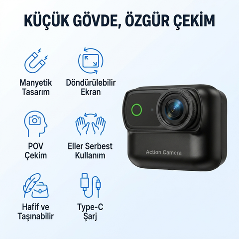 4K Ultra HD Hareketli Ekranlı Profesyonel Aksiyon Kamerası Manyetik Tutuş Flip Ekran Full Aparat