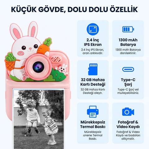 Çocuk Kamerası Dijital HD Video Kayıt ve Fotoğraf Termal Resim Kağıt Baskılı Yazıcı