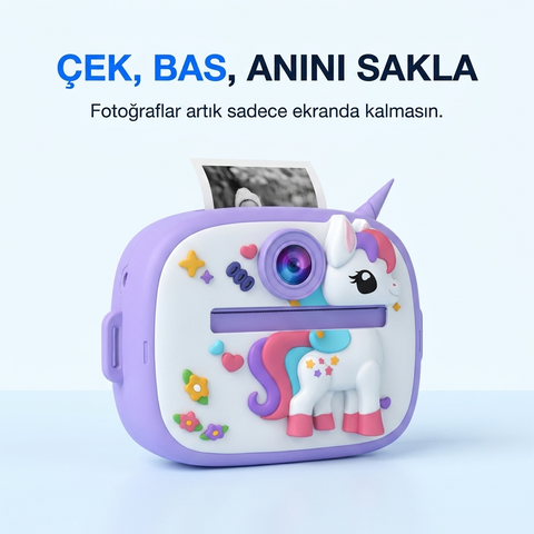 Sevimli Unicorn ve Dinozor Seçenekli Çocuk Kamerası – Anında Baskı Mini Fotoğraf Makinesi Kabartmalı